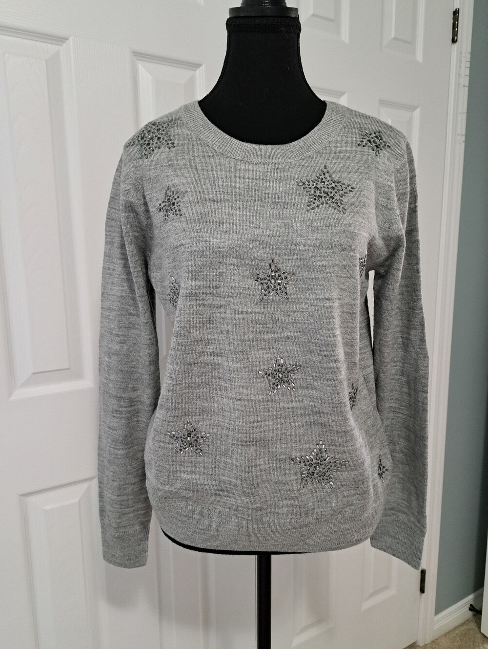 Marks & Spencer Collection Gray Crew Neck Sweater Beaded Star Accents Medium